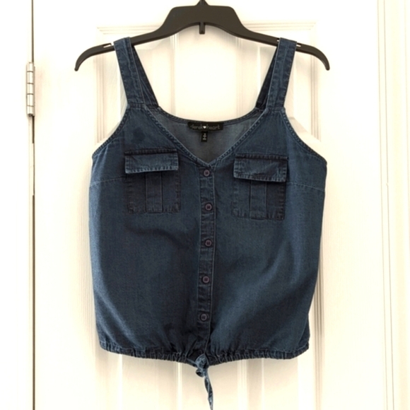 Derek Heart Denim Top Drawstring Tie Waist Button Up Size Small - Picture 1 of 12